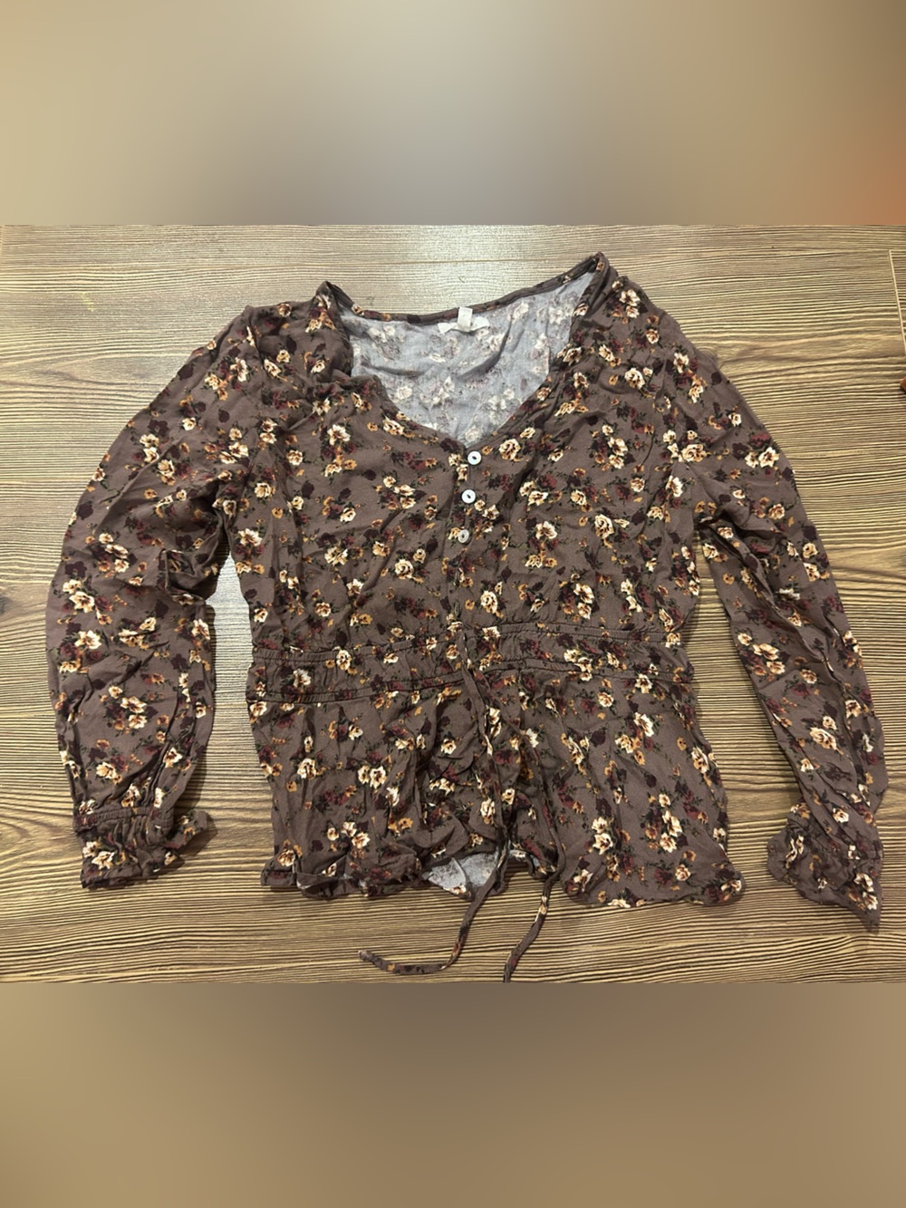 Maurices Brown Floral Drawstring V-Neck Blouse